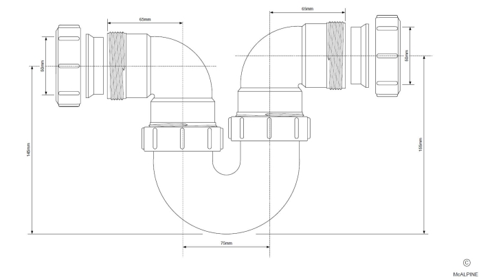 Technische Zeichnung Leitungssiphon Eingang beidseitig 50, kann bei einer Leitung mit Außendurchmesser 50 mm verwendet werden